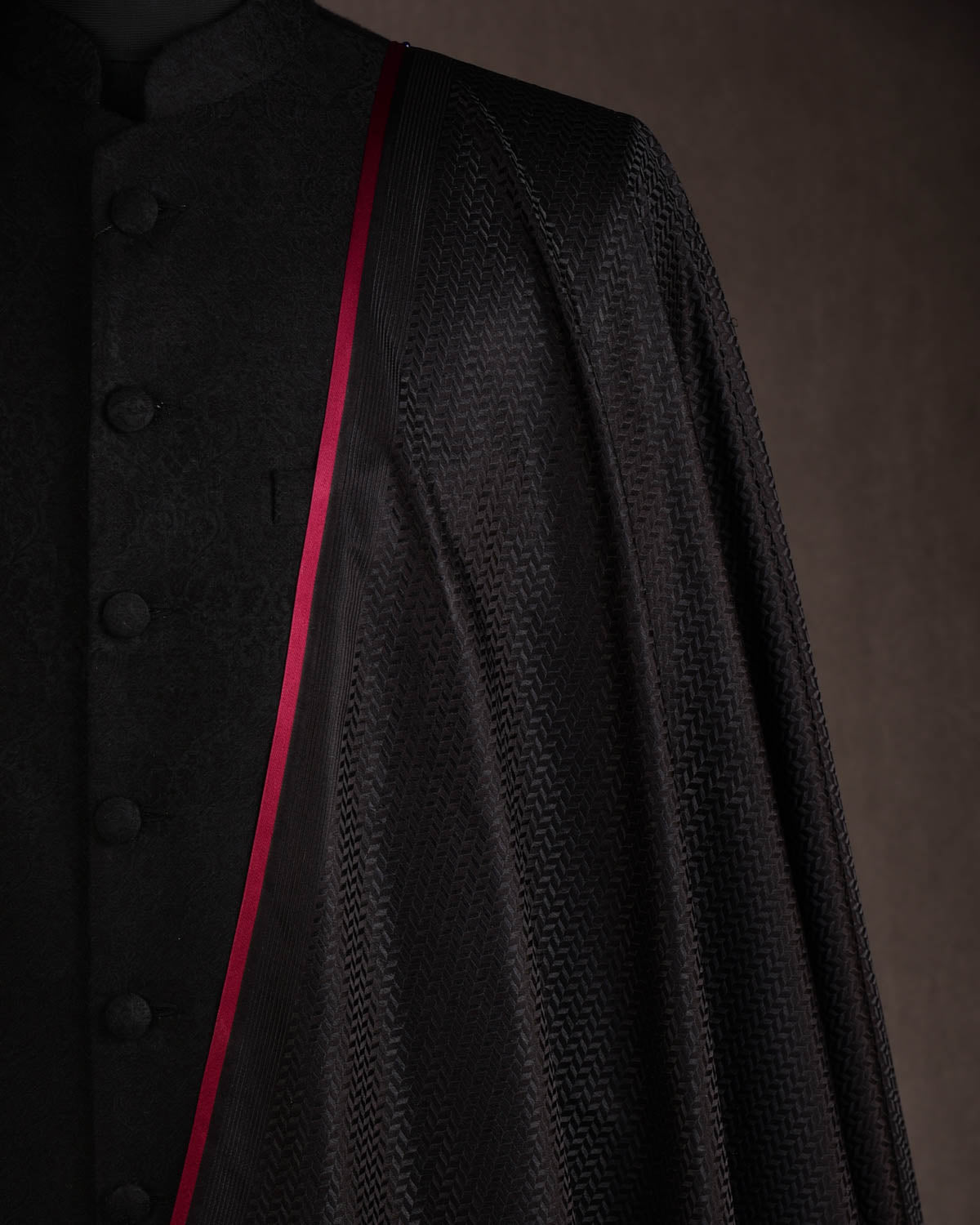 Black Herringbone Satin Resham Brocade Handwoven Katan Silk Banarasi Fabric-HolyWeaves