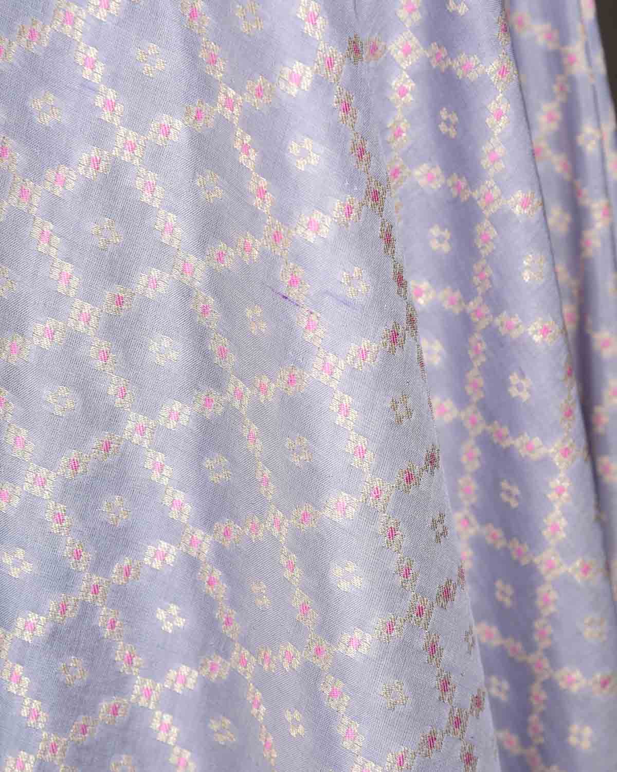 Gray Gold Zari & Resham Chequered Grids Cutwork Brocade Handwoven Katan Silk Banarasi Fabric-HolyWeaves