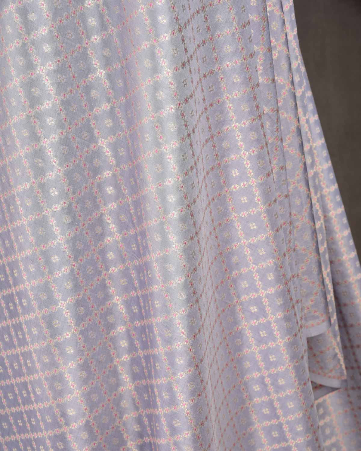 Gray Gold Zari & Resham Chequered Grids Cutwork Brocade Handwoven Katan Silk Banarasi Fabric-HolyWeaves