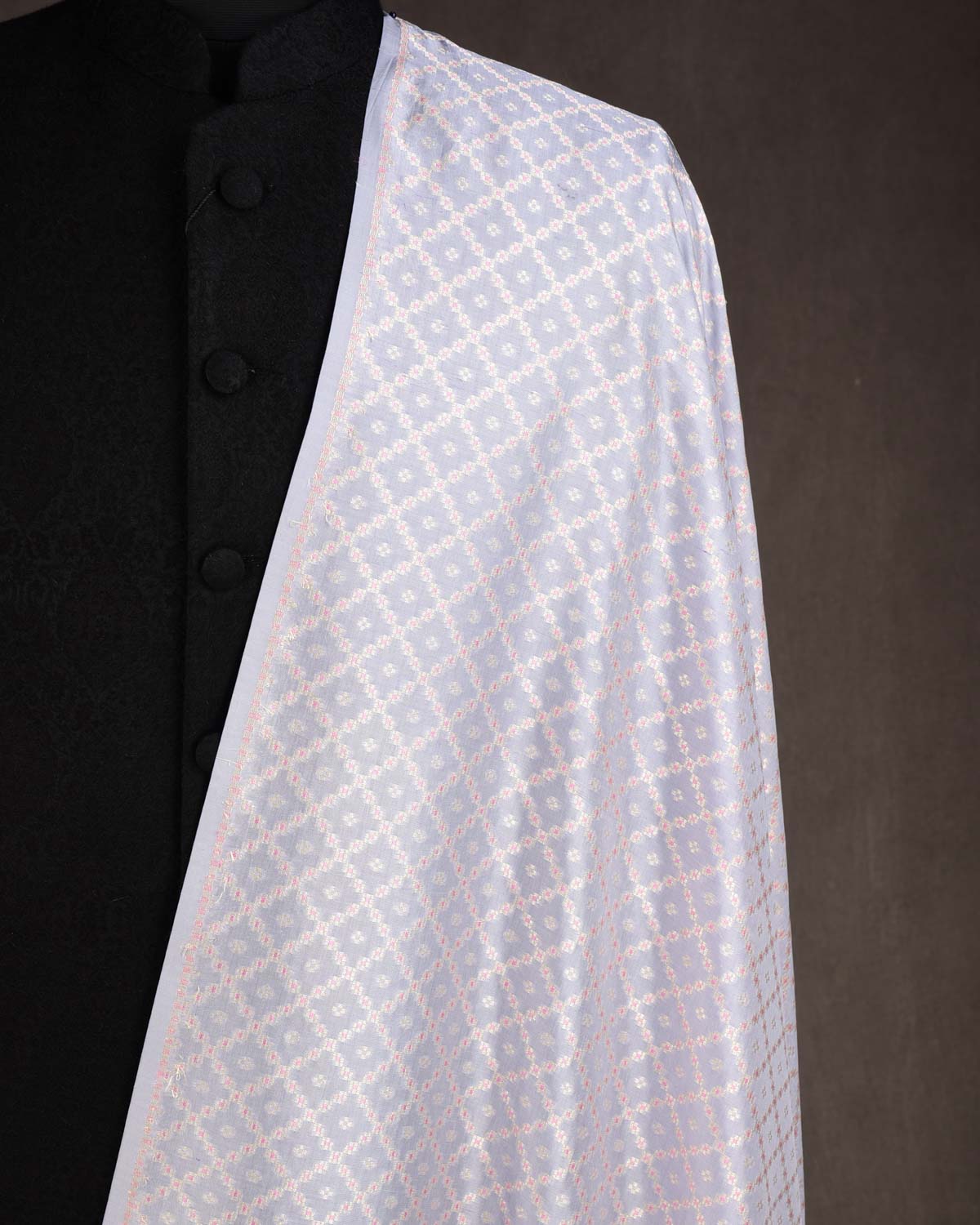 Gray Gold Zari & Resham Chequered Grids Cutwork Brocade Handwoven Katan Silk Banarasi Fabric-HolyWeaves