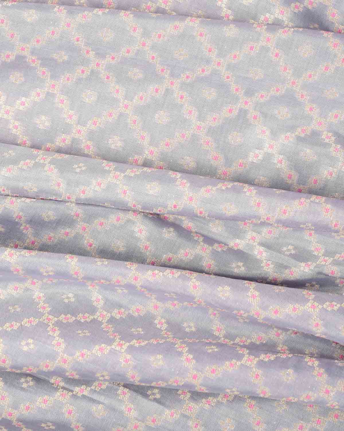 Gray Gold Zari & Resham Chequered Grids Cutwork Brocade Handwoven Katan Silk Banarasi Fabric-HolyWeaves