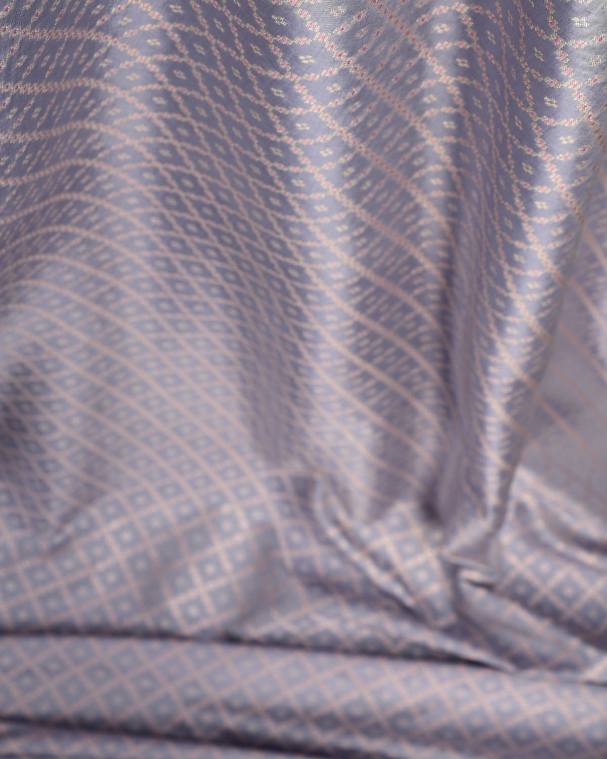 Gray Gold Zari & Resham Chequered Grids Cutwork Brocade Handwoven Katan Silk Banarasi Fabric-HolyWeaves