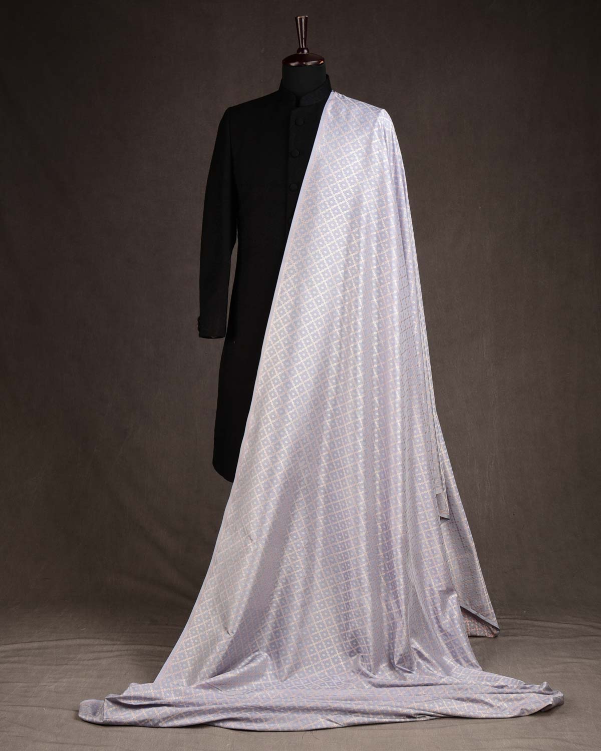 Gray Gold Zari & Resham Chequered Grids Cutwork Brocade Handwoven Katan Silk Banarasi Fabric-HolyWeaves