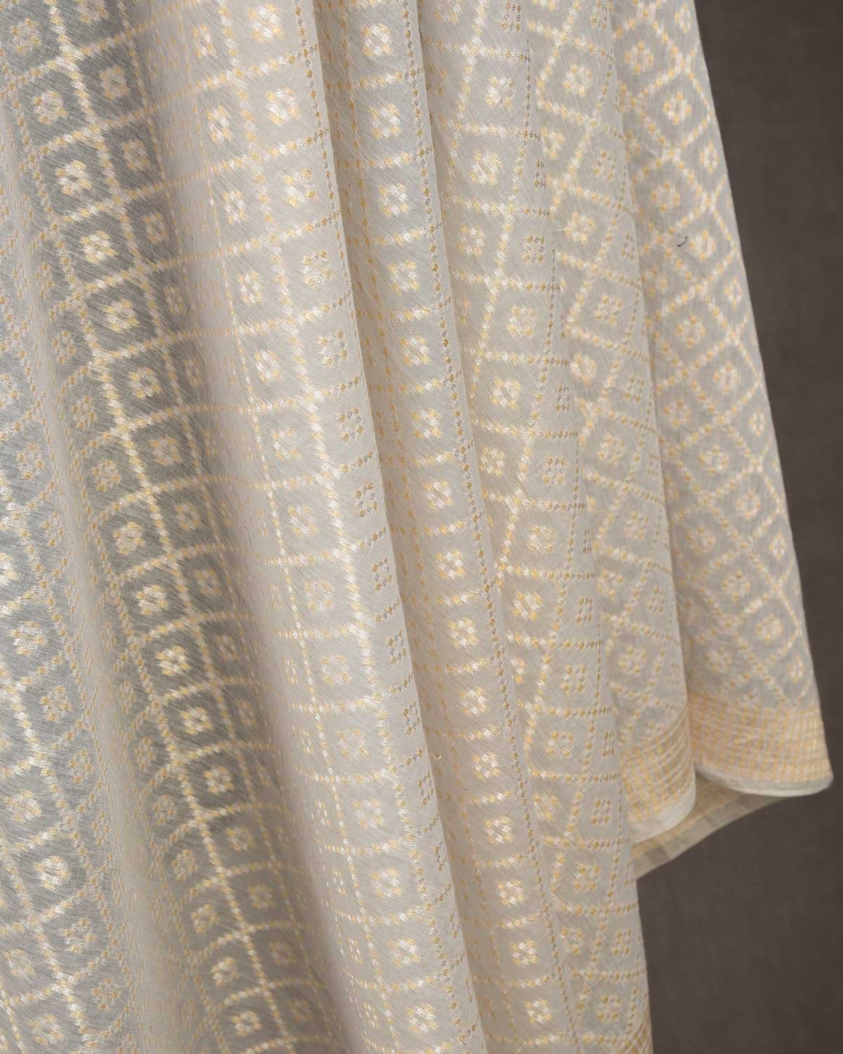 Gray Gold & Silver Zari Chequered Grids Cutwork Brocade Handwoven Cotton Silk Banarasi Fabric-HolyWeaves