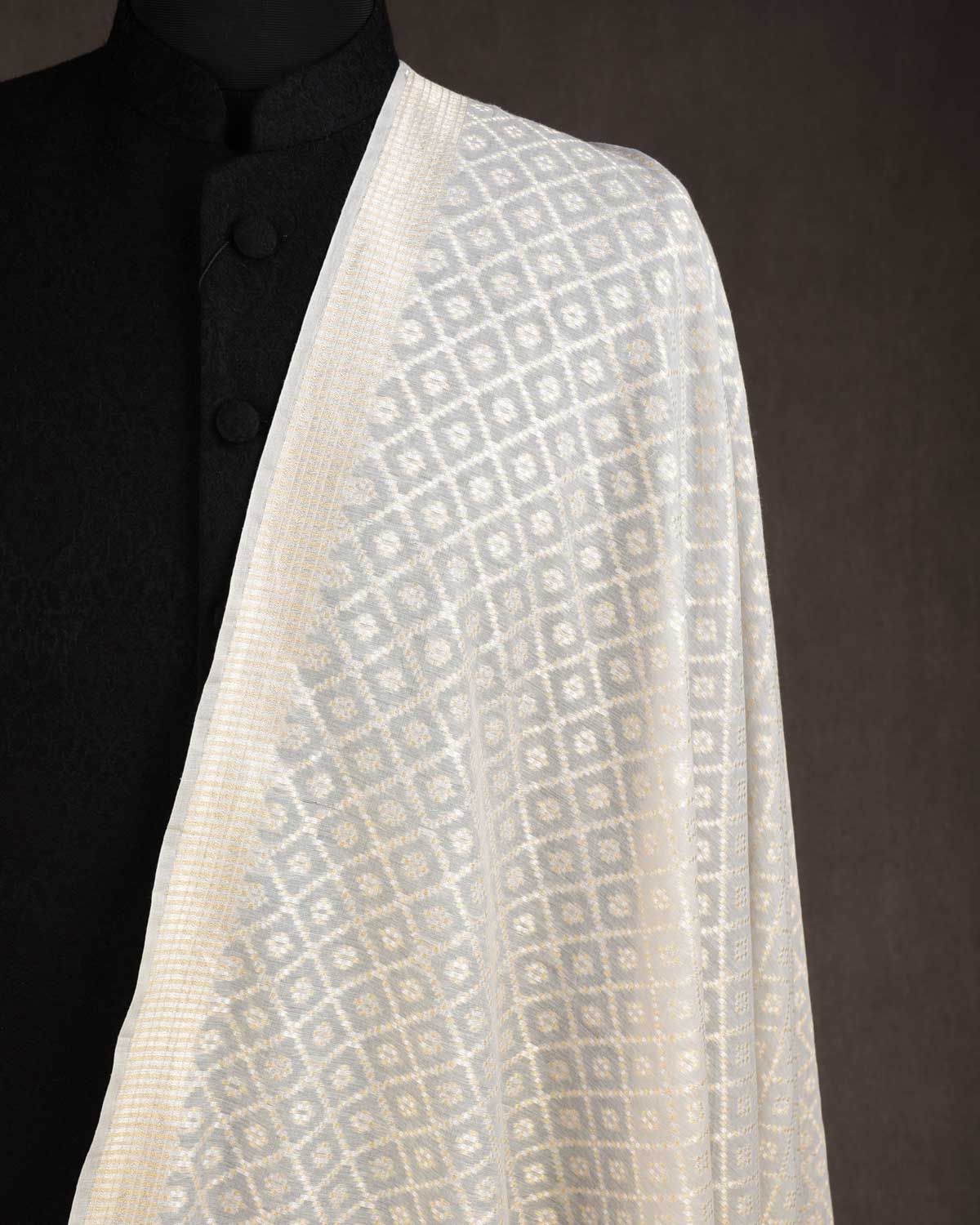 Gray Gold & Silver Zari Chequered Grids Cutwork Brocade Handwoven Cotton Silk Banarasi Fabric-HolyWeaves