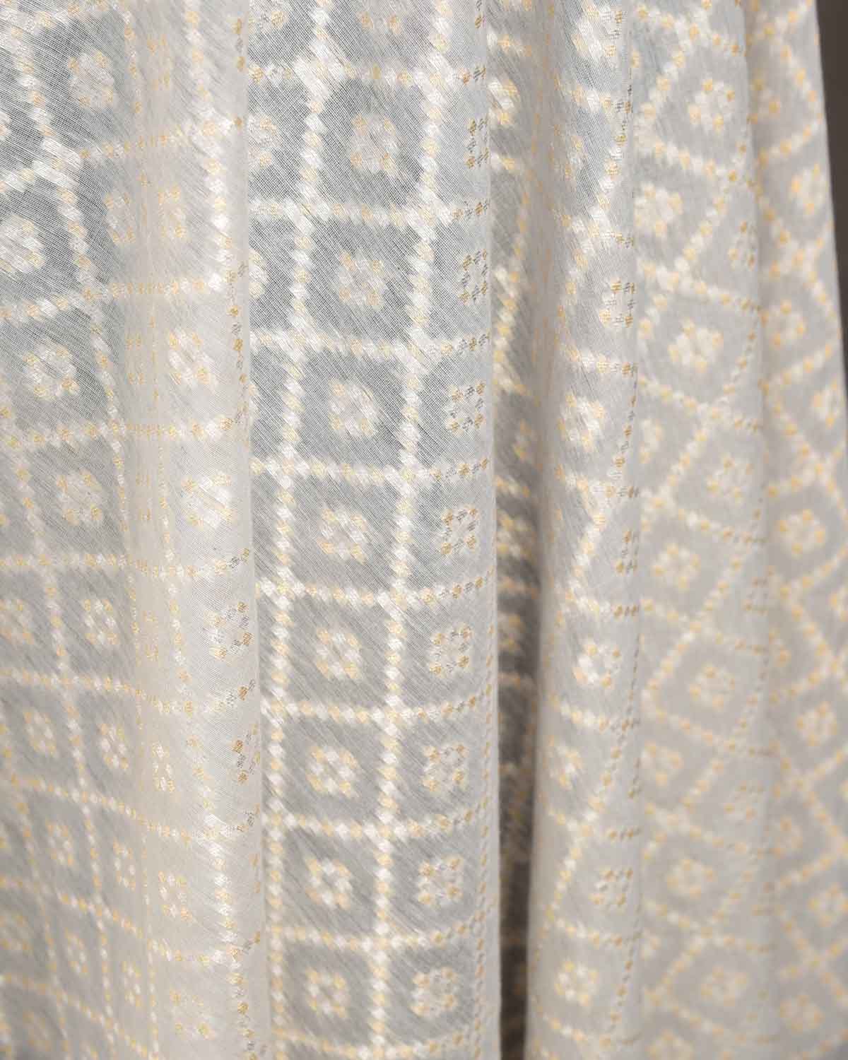 Gray Gold & Silver Zari Chequered Grids Cutwork Brocade Handwoven Cotton Silk Banarasi Fabric-HolyWeaves