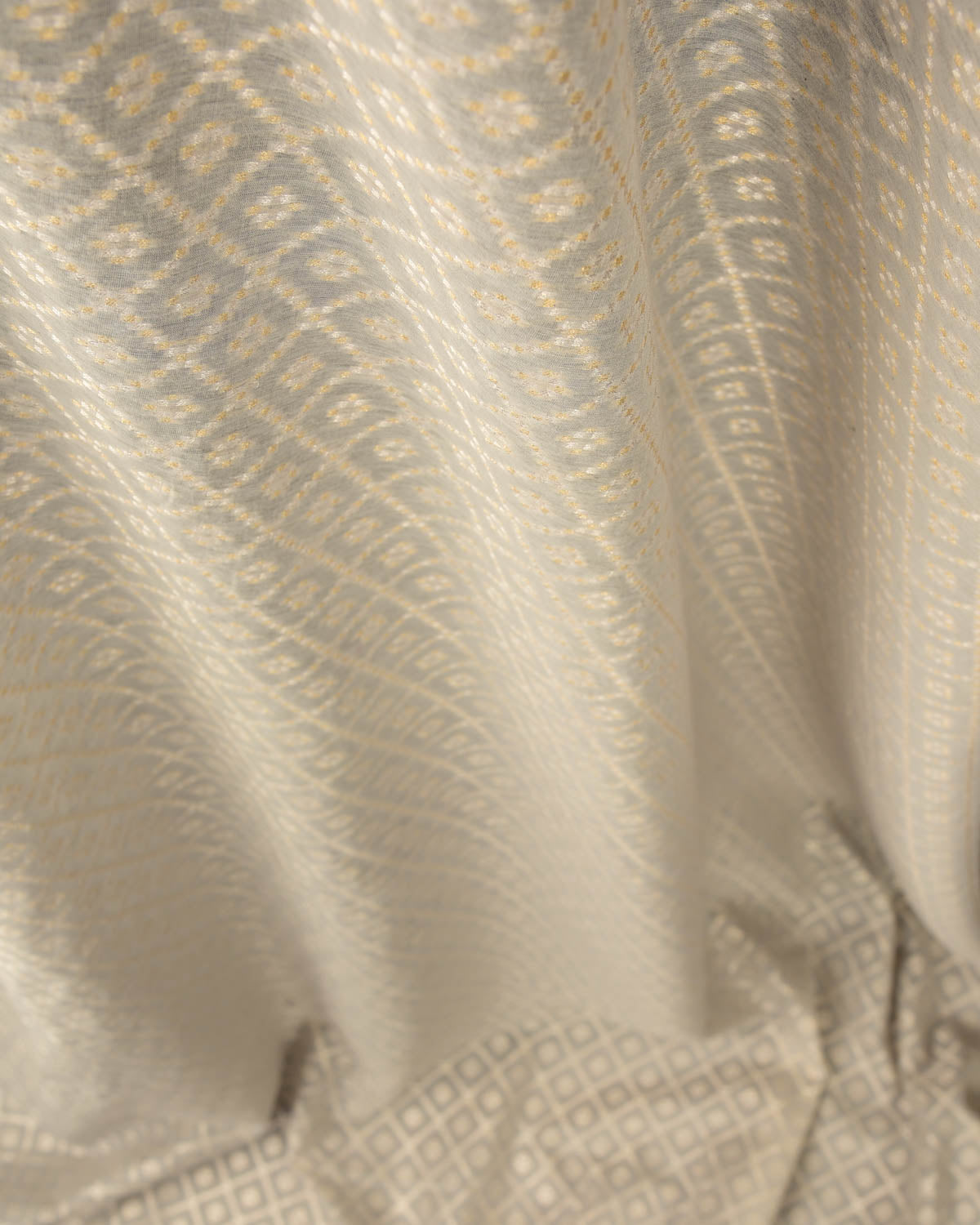 Gray Gold & Silver Zari Chequered Grids Cutwork Brocade Handwoven Cotton Silk Banarasi Fabric-HolyWeaves