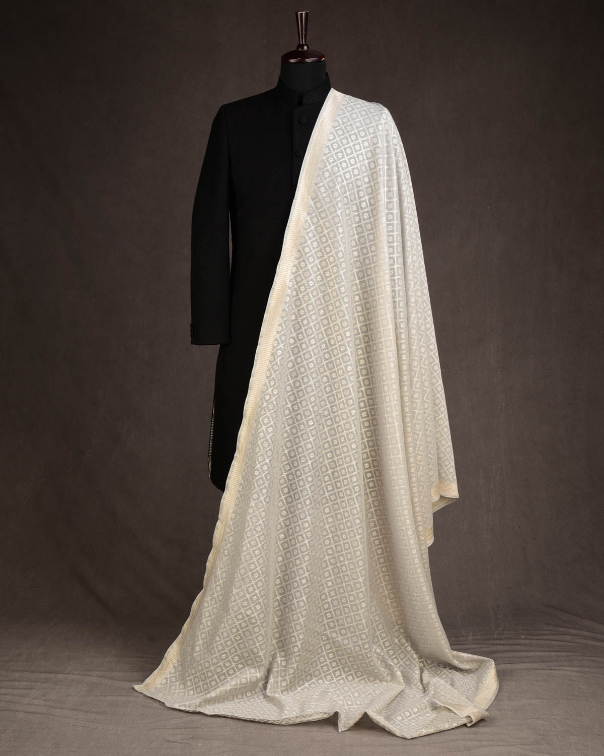 Gray Gold & Silver Zari Chequered Grids Cutwork Brocade Handwoven Cotton Silk Banarasi Fabric-HolyWeaves