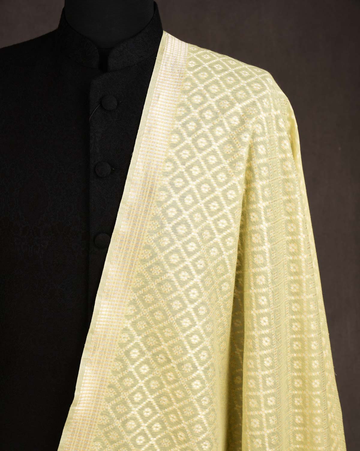 Yellow Gold & Silver Zari Chequered Grids Cutwork Brocade Handwoven Cotton Silk Banarasi Fabric-HolyWeaves