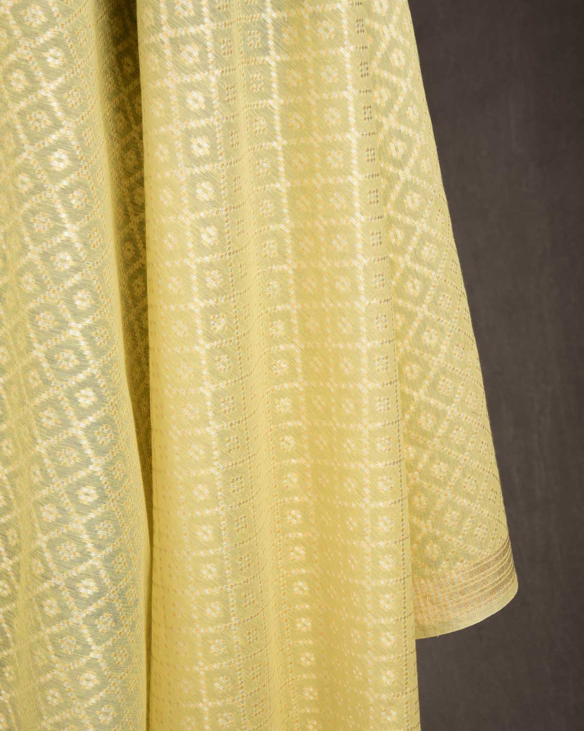 Yellow Gold & Silver Zari Chequered Grids Cutwork Brocade Handwoven Cotton Silk Banarasi Fabric-HolyWeaves