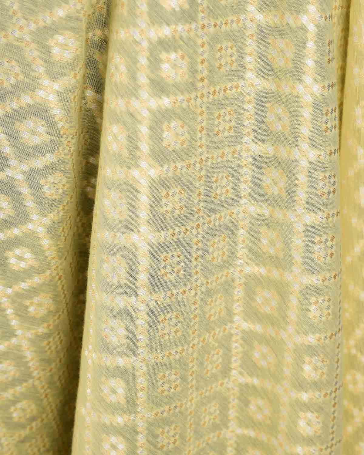 Yellow Gold & Silver Zari Chequered Grids Cutwork Brocade Handwoven Cotton Silk Banarasi Fabric-HolyWeaves