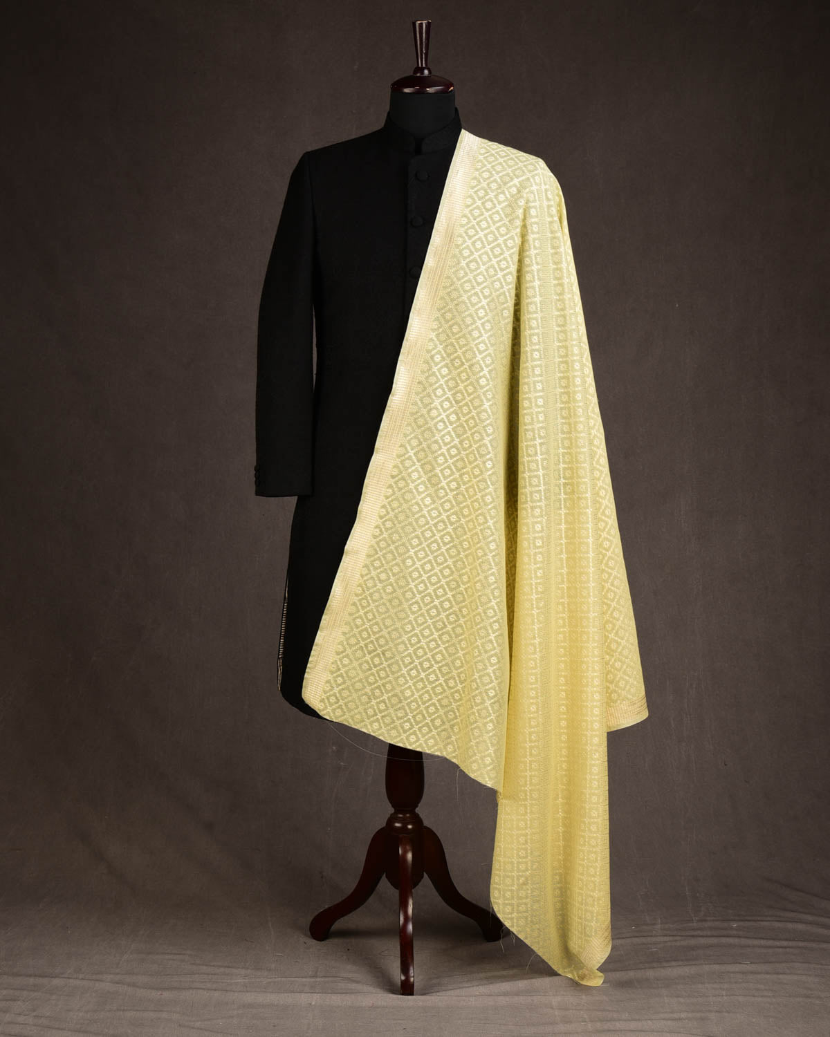 Yellow Gold & Silver Zari Chequered Grids Cutwork Brocade Handwoven Cotton Silk Banarasi Fabric-HolyWeaves