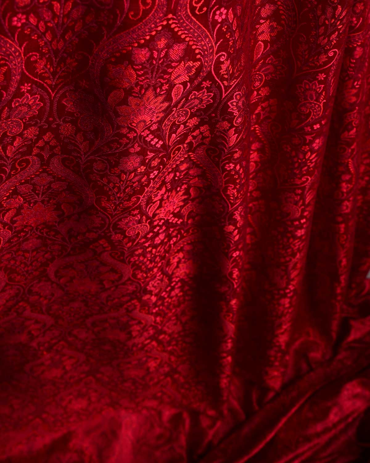 Maroon Damask Satin Jamawar Handwoven Katan Silk Banarasi Fabric-HolyWeaves