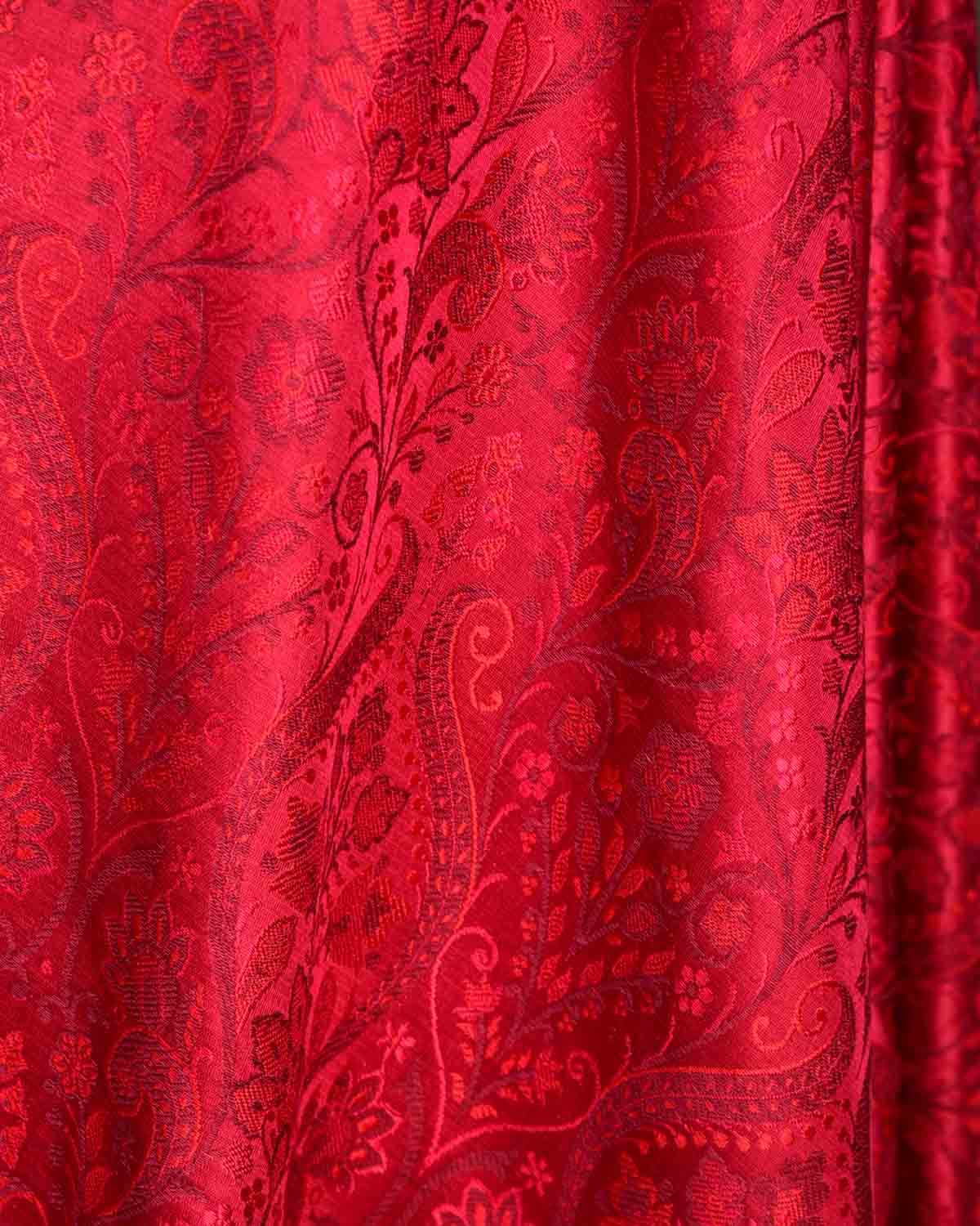 Maroon Damask Satin Jamawar Handwoven Katan Silk Banarasi Fabric-HolyWeaves