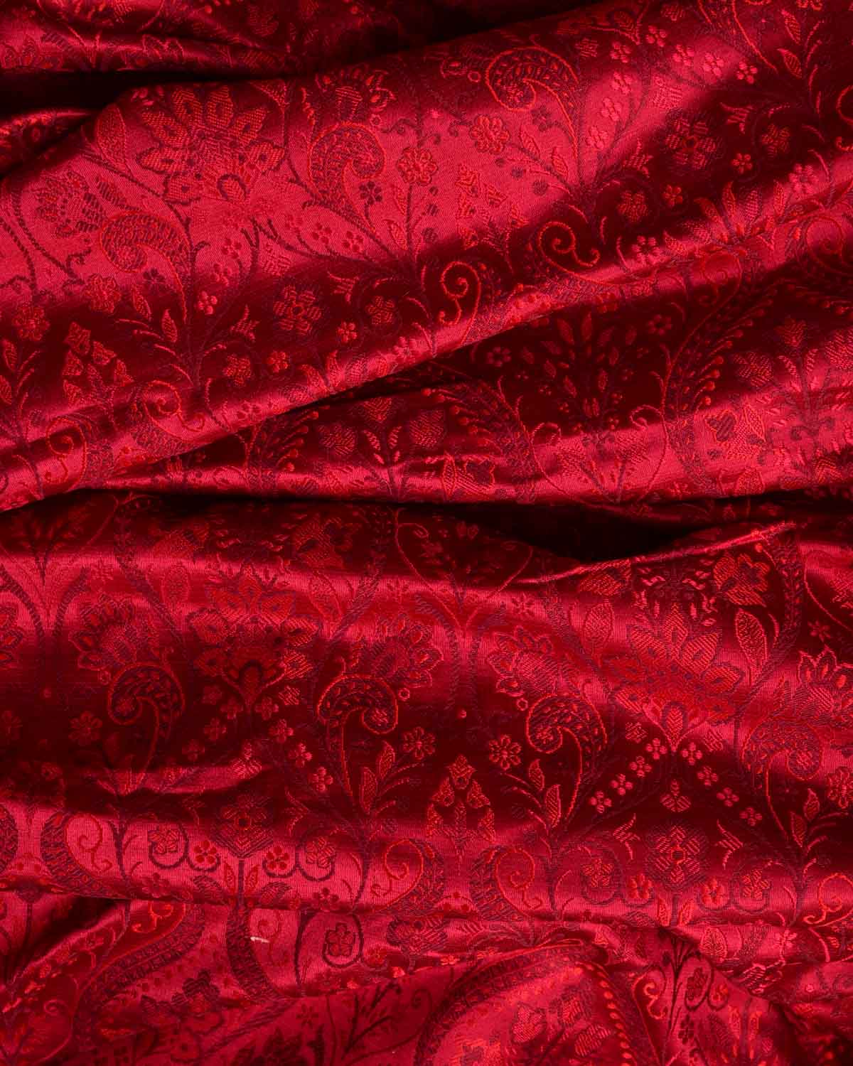 Maroon Damask Satin Jamawar Handwoven Katan Silk Banarasi Fabric-HolyWeaves