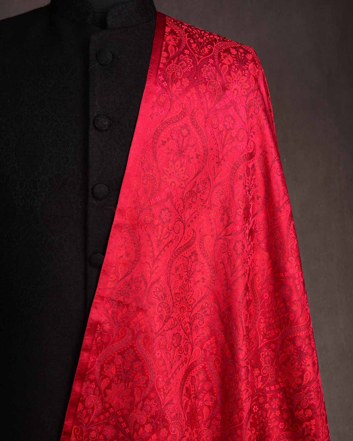 Maroon Damask Satin Jamawar Handwoven Katan Silk Banarasi Fabric-HolyWeaves