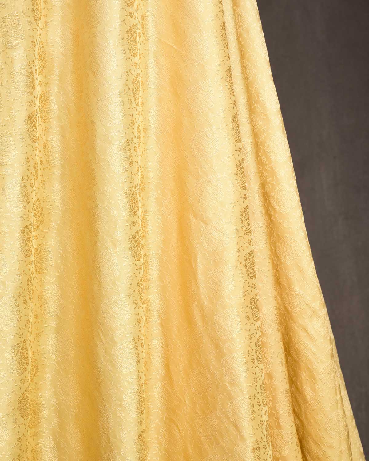 Beige Damask Satin Tanchoi Handwoven Katan Silk Banarasi Fabric-HolyWeaves