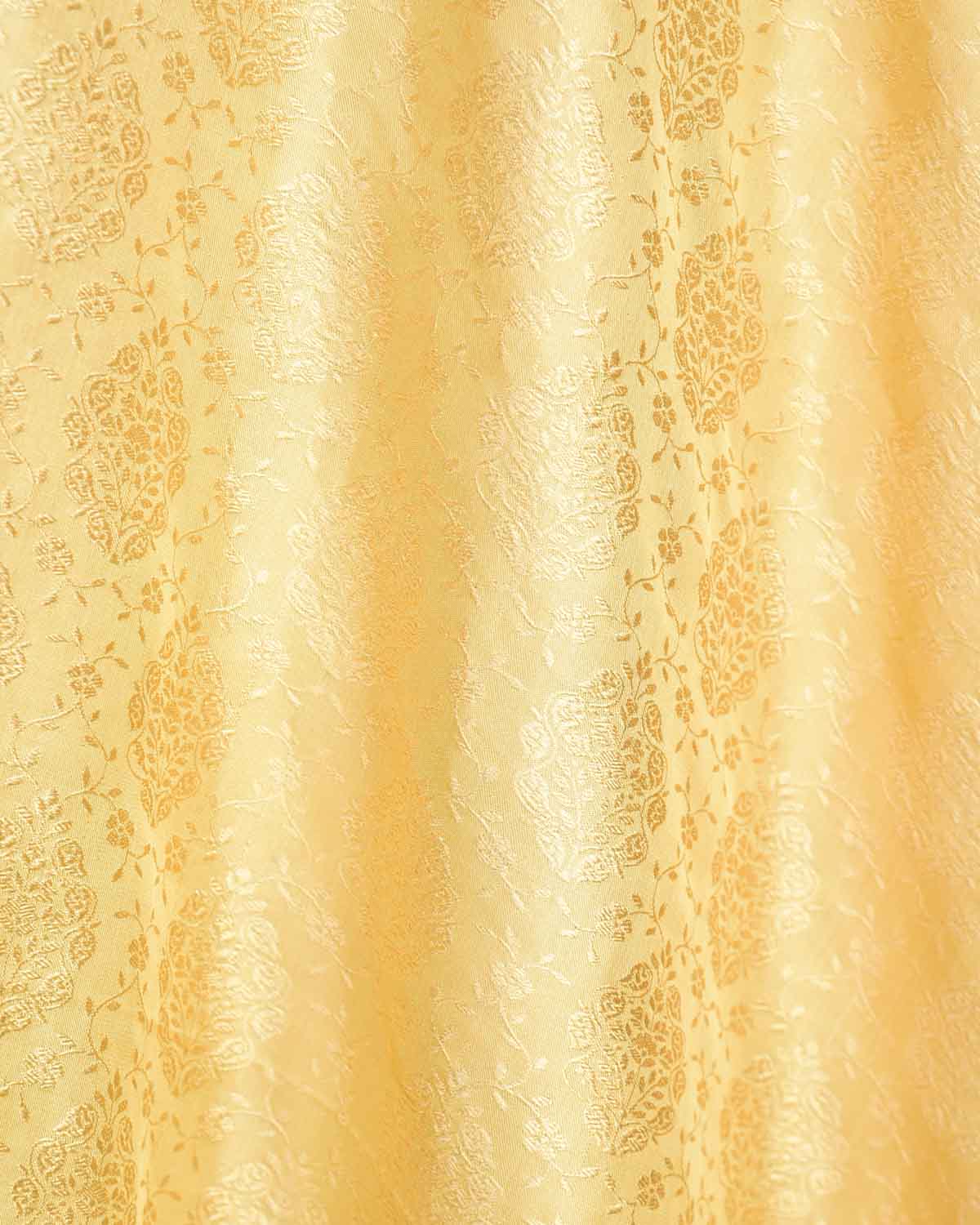 Beige Damask Satin Tanchoi Handwoven Katan Silk Banarasi Fabric-HolyWeaves