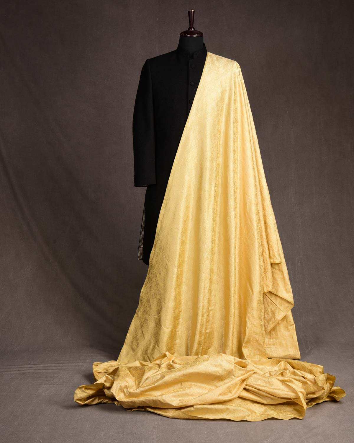 Beige Damask Satin Tanchoi Handwoven Katan Silk Banarasi Fabric-HolyWeaves