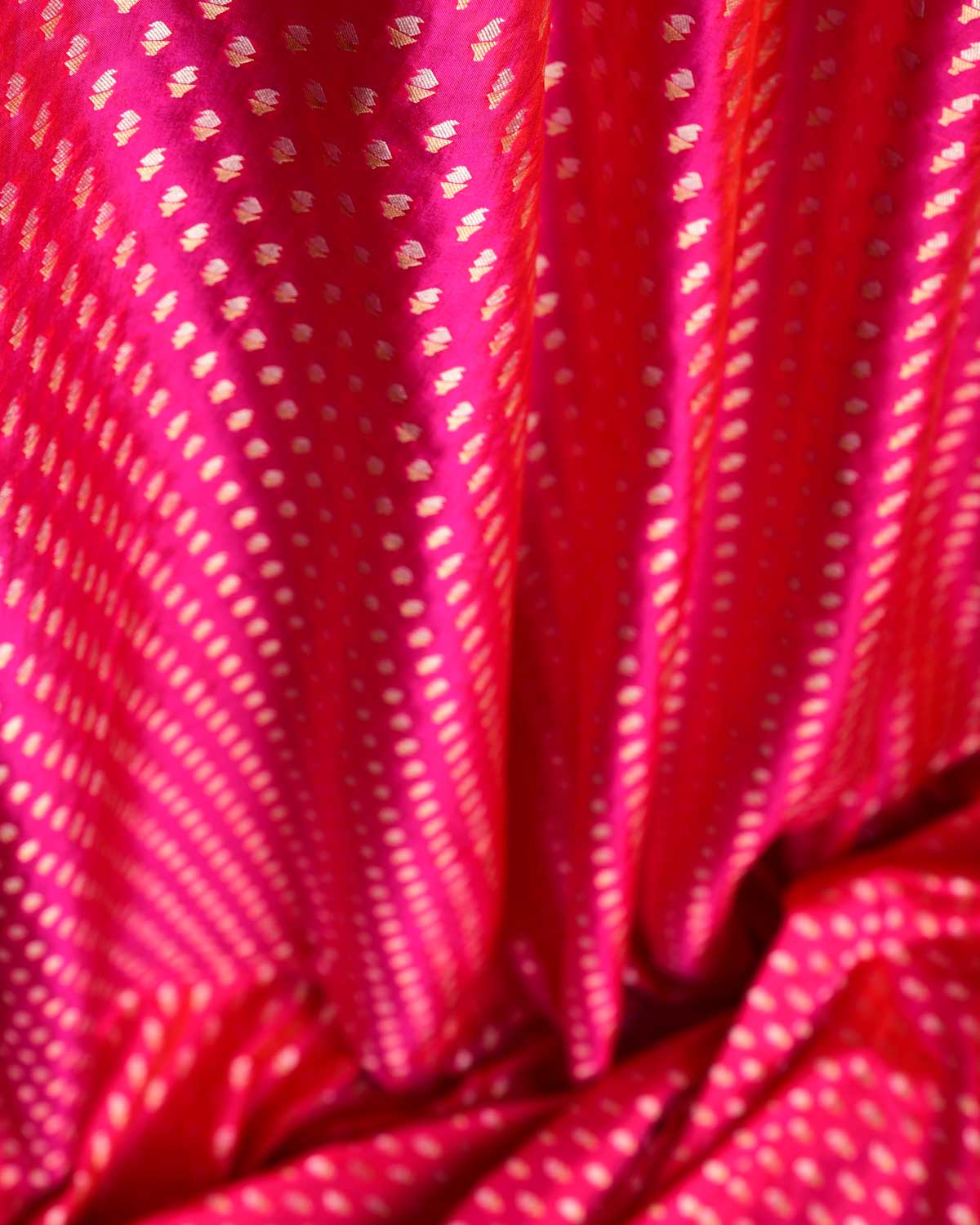 Shot Red-Pink Gold & Silver Zari Mashaal Kairy Buti Cutwork Brocade Handwoven Katan Silk Banarasi Fabric-HolyWeaves