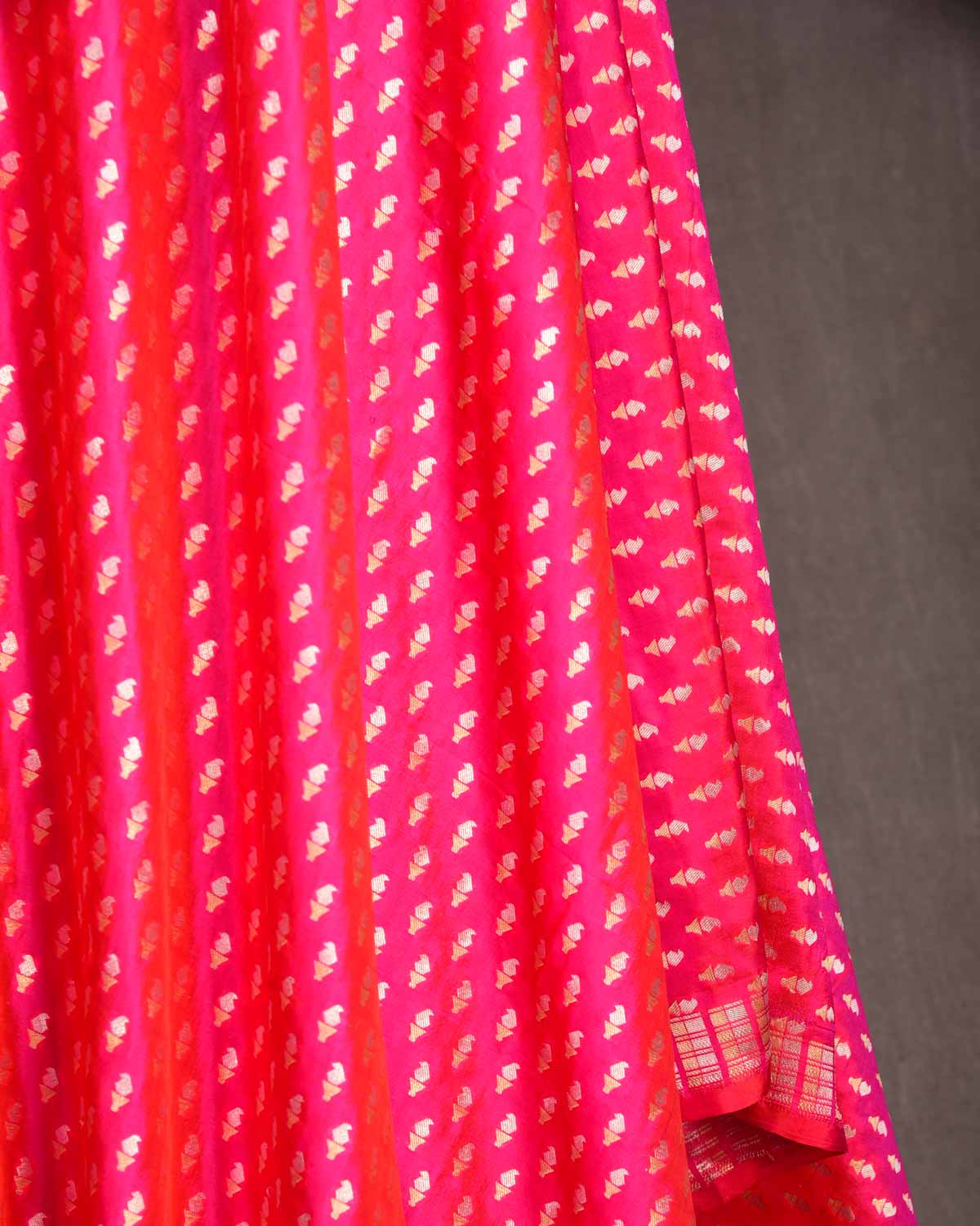 Shot Red-Pink Gold & Silver Zari Mashaal Kairy Buti Cutwork Brocade Handwoven Katan Silk Banarasi Fabric-HolyWeaves