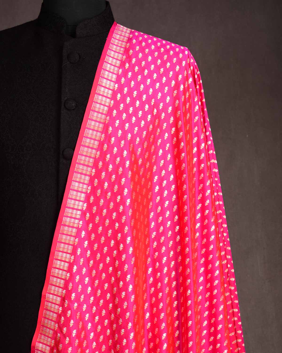 Shot Red-Pink Gold & Silver Zari Mashaal Kairy Buti Cutwork Brocade Handwoven Katan Silk Banarasi Fabric-HolyWeaves