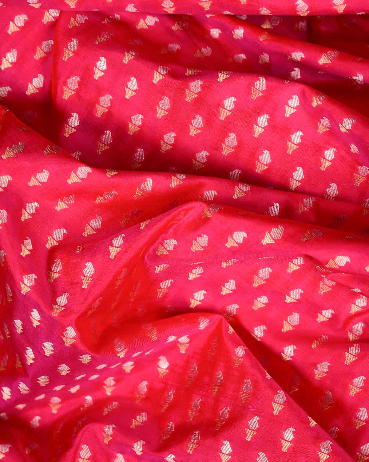 Shot Red-Pink Gold & Silver Zari Mashaal Kairy Buti Cutwork Brocade Handwoven Katan Silk Banarasi Fabric-HolyWeaves