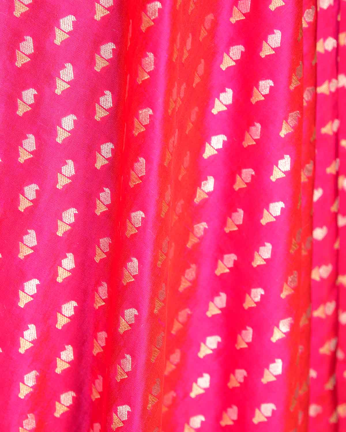 Shot Red-Pink Gold & Silver Zari Mashaal Kairy Buti Cutwork Brocade Handwoven Katan Silk Banarasi Fabric-HolyWeaves