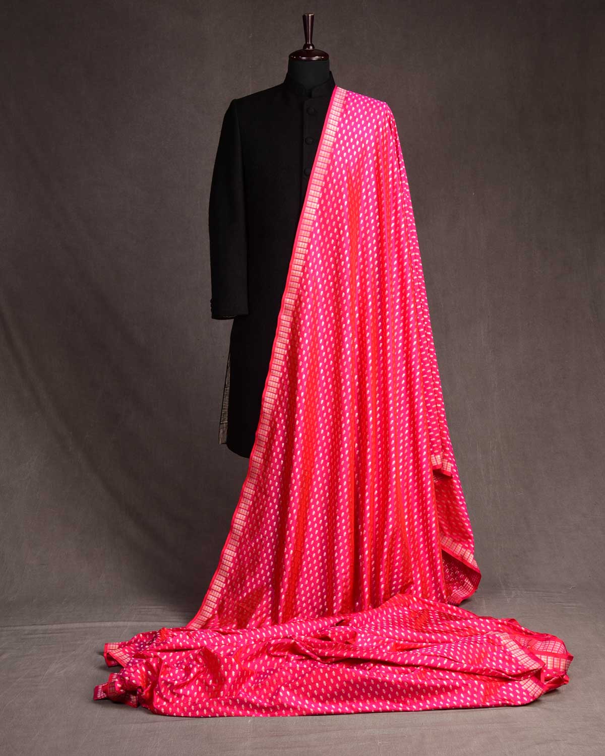 Shot Red-Pink Gold & Silver Zari Mashaal Kairy Buti Cutwork Brocade Handwoven Katan Silk Banarasi Fabric-HolyWeaves