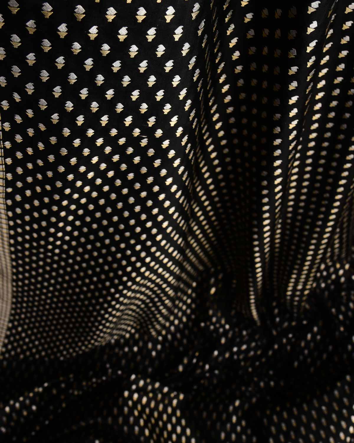 Black Gold & Silver Zari Mashaal Kairy Buti Cutwork Brocade Handwoven Katan Silk Banarasi Fabric-HolyWeaves