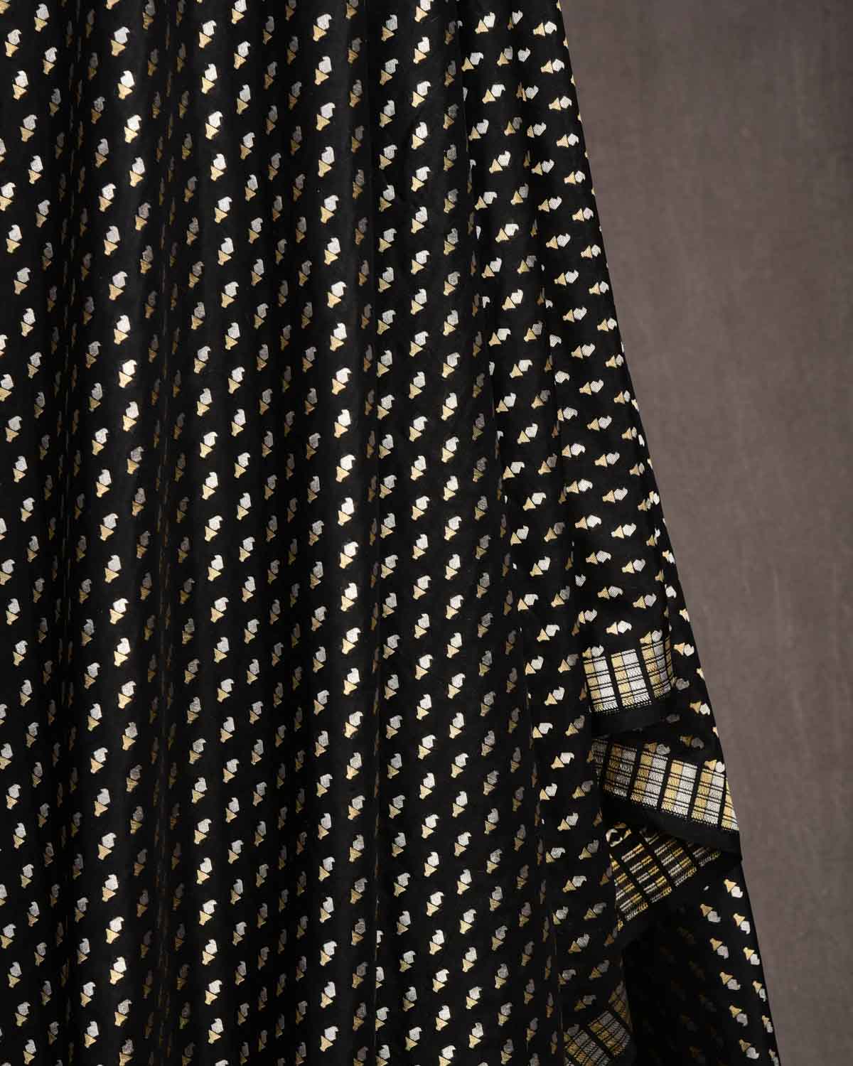 Black Gold & Silver Zari Mashaal Kairy Buti Cutwork Brocade Handwoven Katan Silk Banarasi Fabric-HolyWeaves