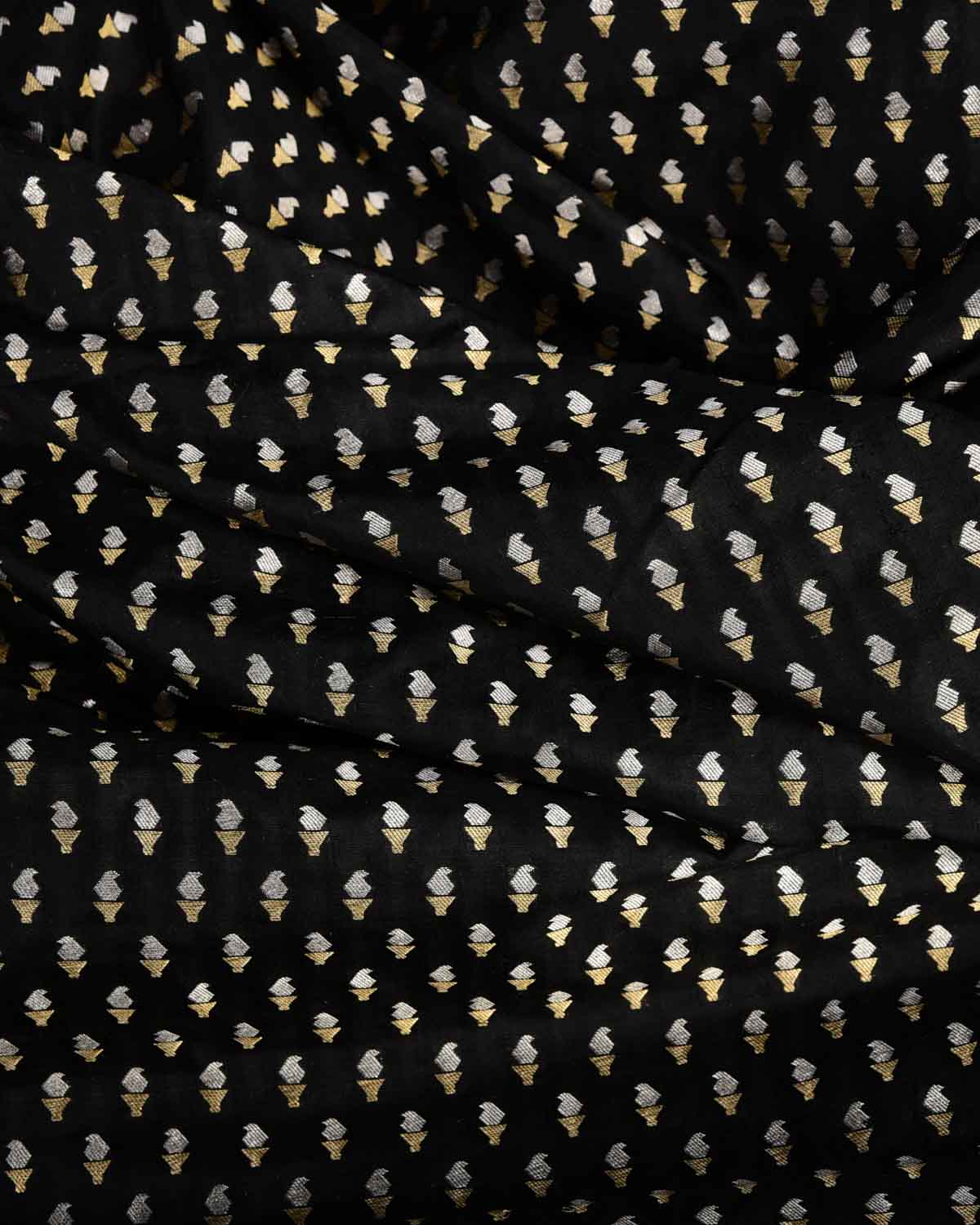 Black Gold & Silver Zari Mashaal Kairy Buti Cutwork Brocade Handwoven Katan Silk Banarasi Fabric-HolyWeaves