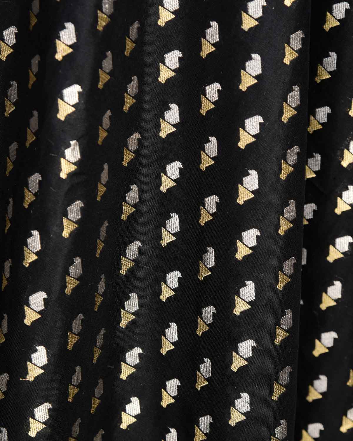 Black Gold & Silver Zari Mashaal Kairy Buti Cutwork Brocade Handwoven Katan Silk Banarasi Fabric-HolyWeaves