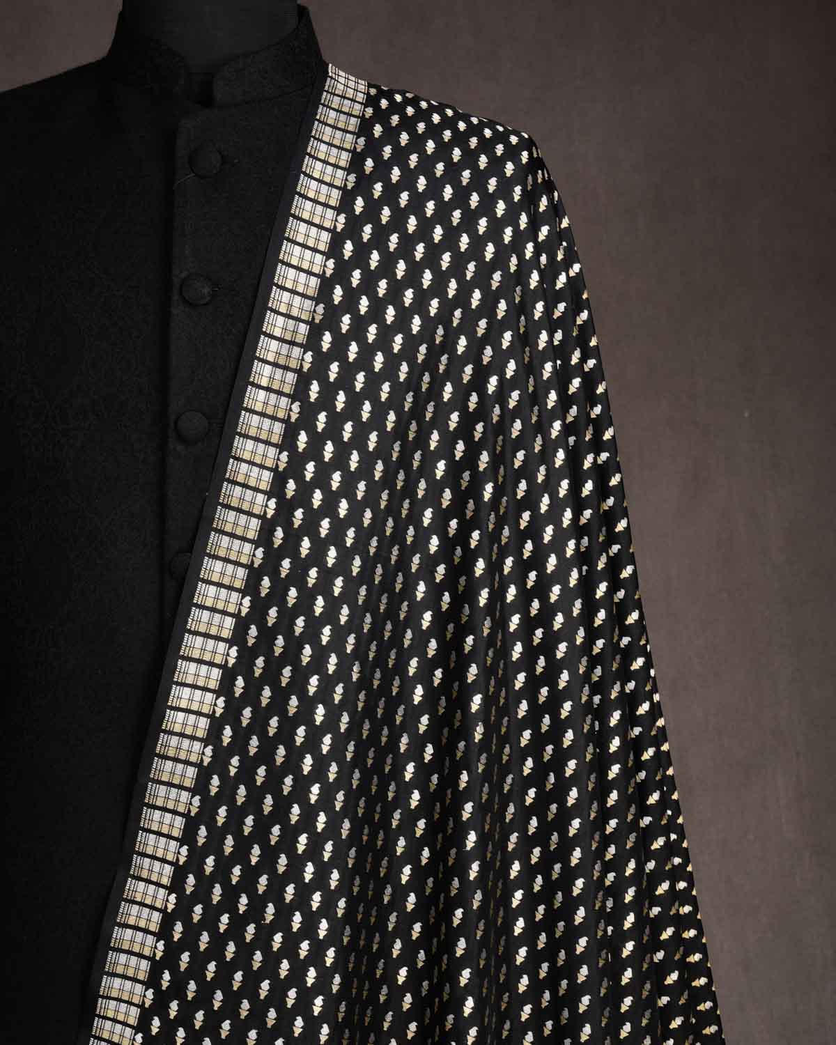 Black Gold & Silver Zari Mashaal Kairy Buti Cutwork Brocade Handwoven Katan Silk Banarasi Fabric-HolyWeaves