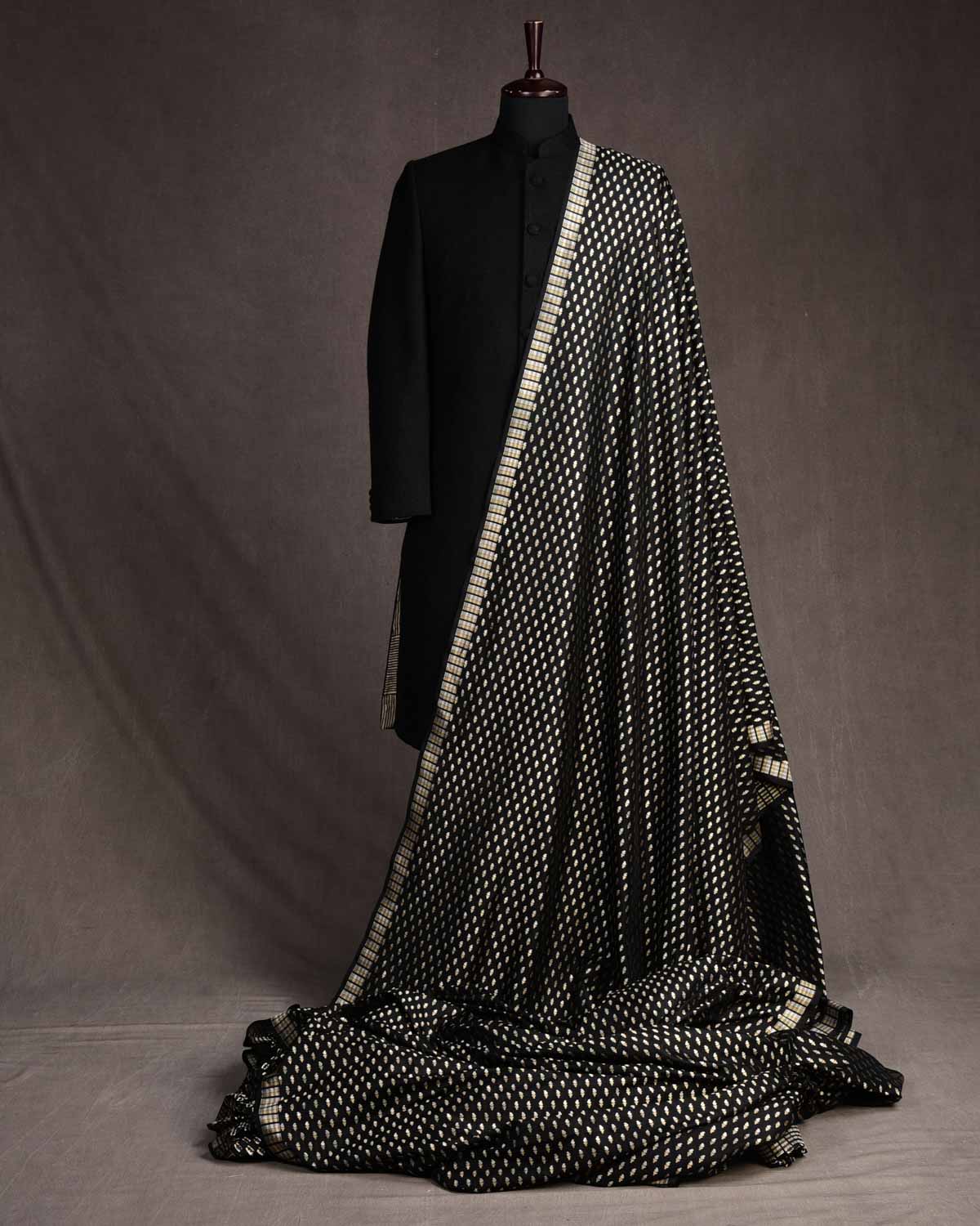 Black Gold & Silver Zari Mashaal Kairy Buti Cutwork Brocade Handwoven Katan Silk Banarasi Fabric-HolyWeaves
