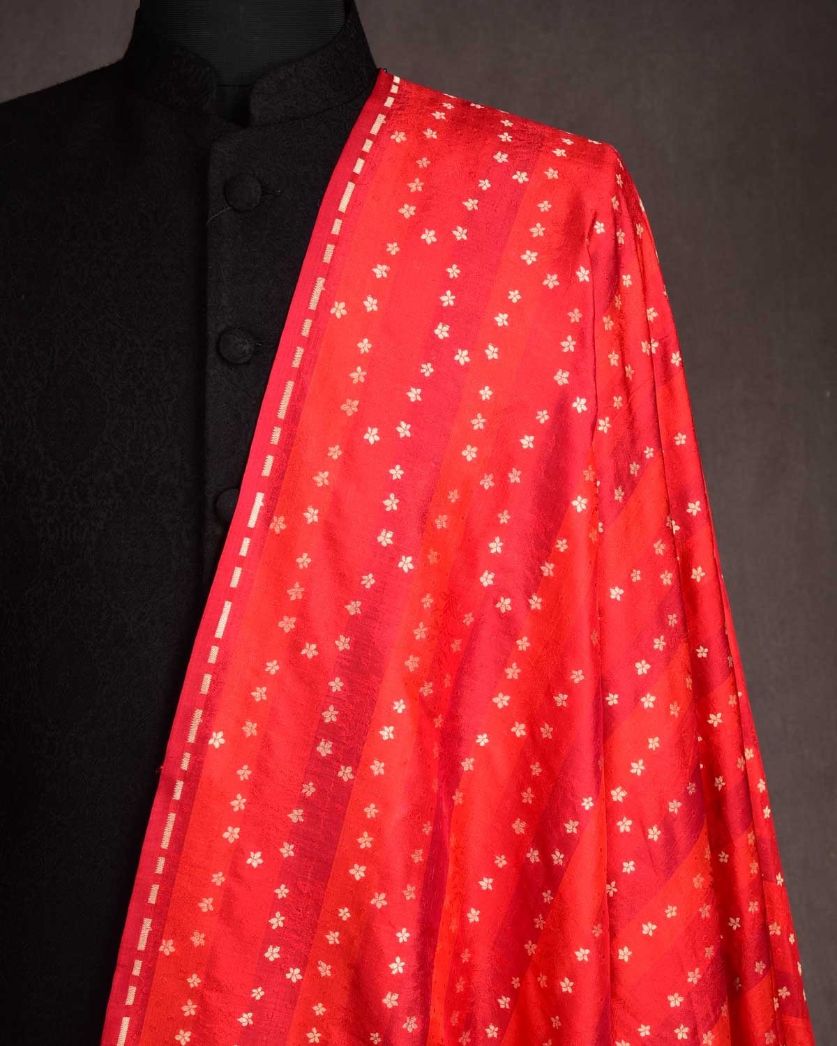 Multi Red Gold Zari Striped Tanchoi Brocade Handwoven Katan Silk Banarasi Fabric-HolyWeaves