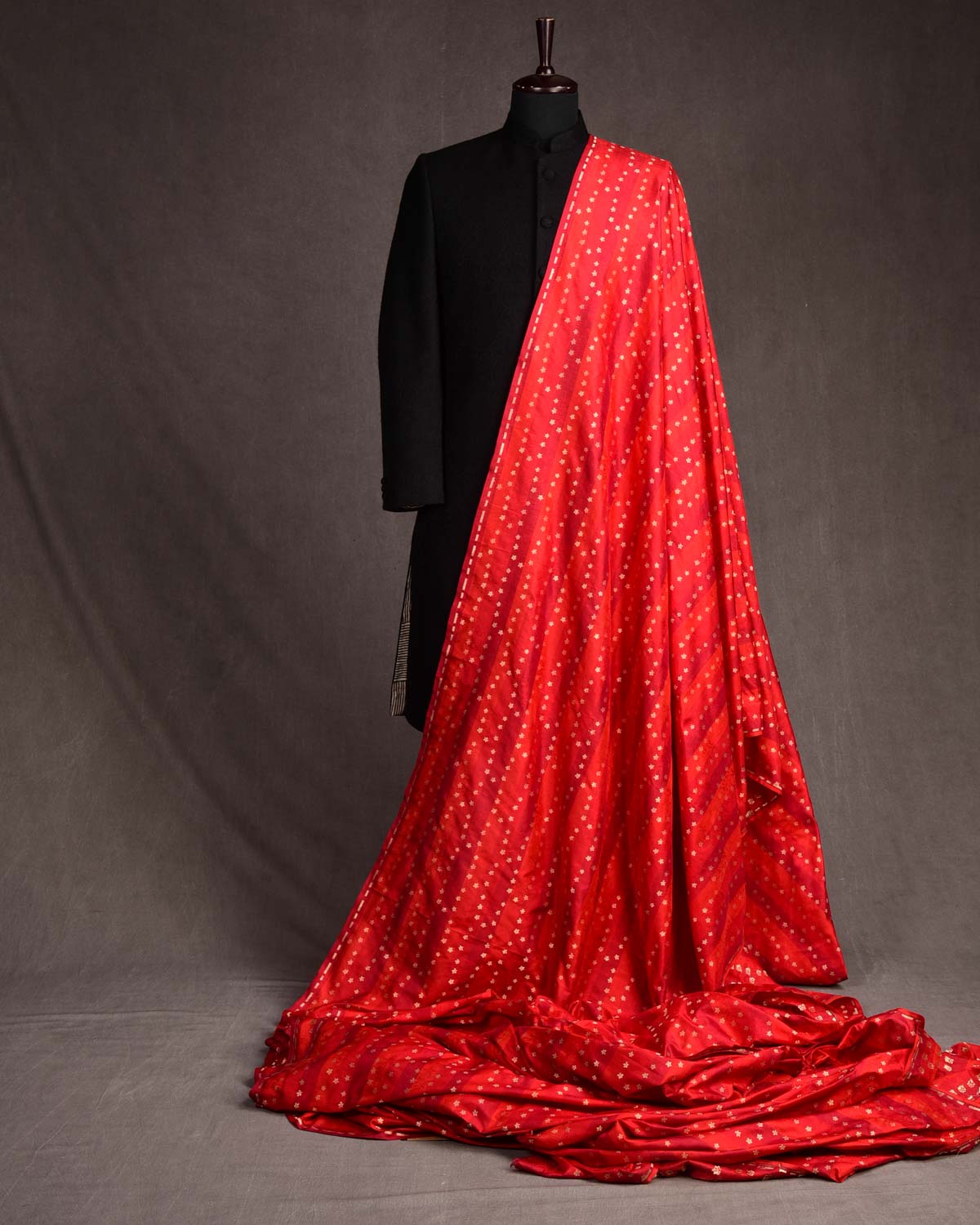 Multi Red Gold Zari Striped Tanchoi Brocade Handwoven Katan Silk Banarasi Fabric-HolyWeaves