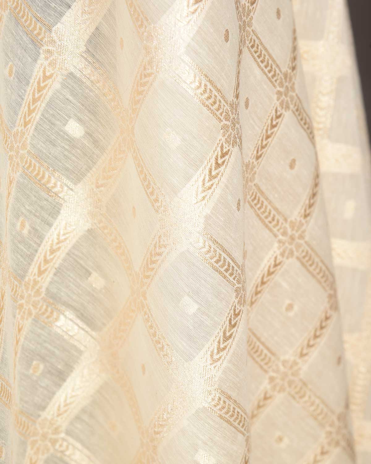Ivory White Gold Zari Chequered Cutwork Brocade Handwoven Cotton Silk Banarasi Fabric-HolyWeaves