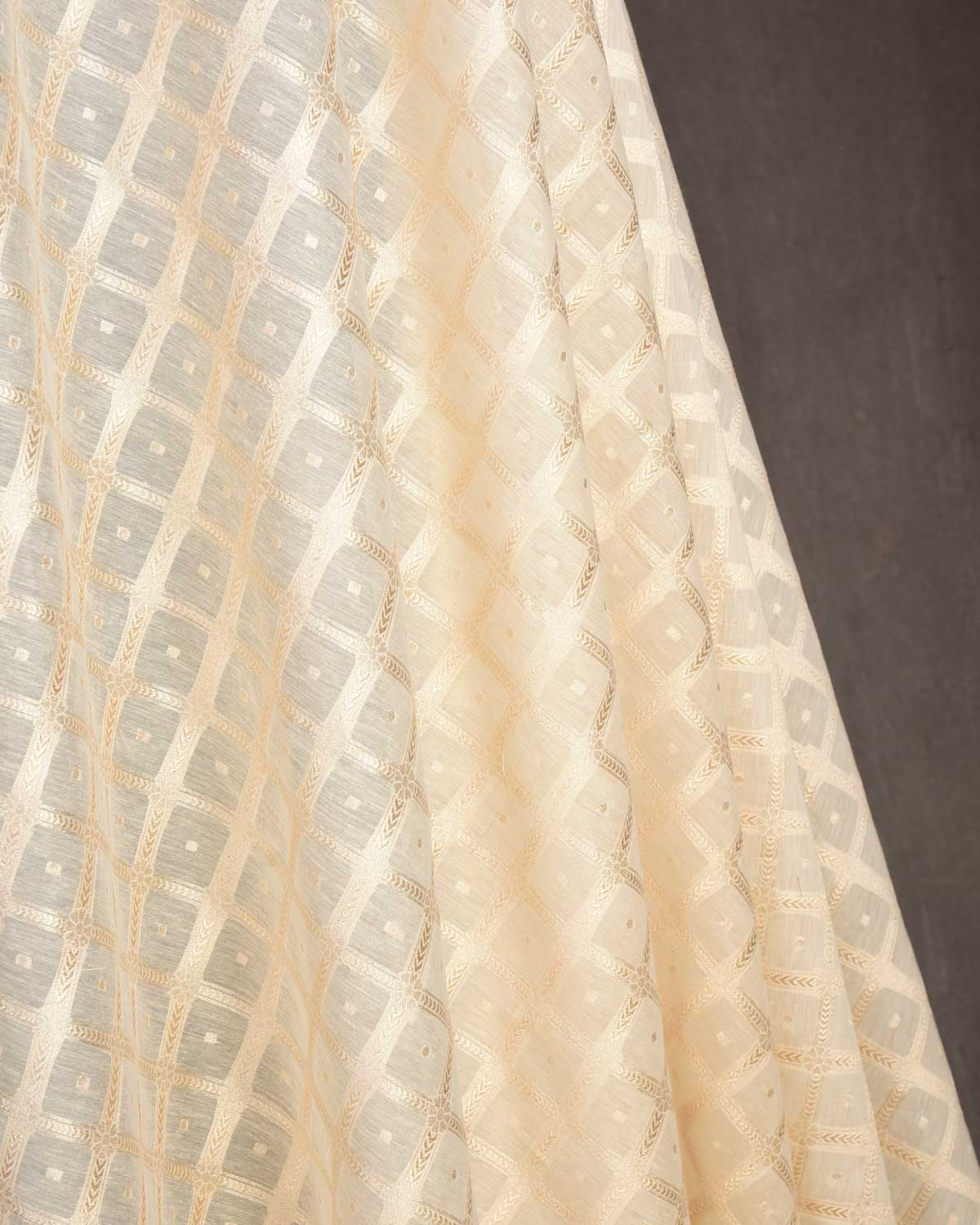Ivory White Gold Zari Chequered Cutwork Brocade Handwoven Cotton Silk Banarasi Fabric-HolyWeaves