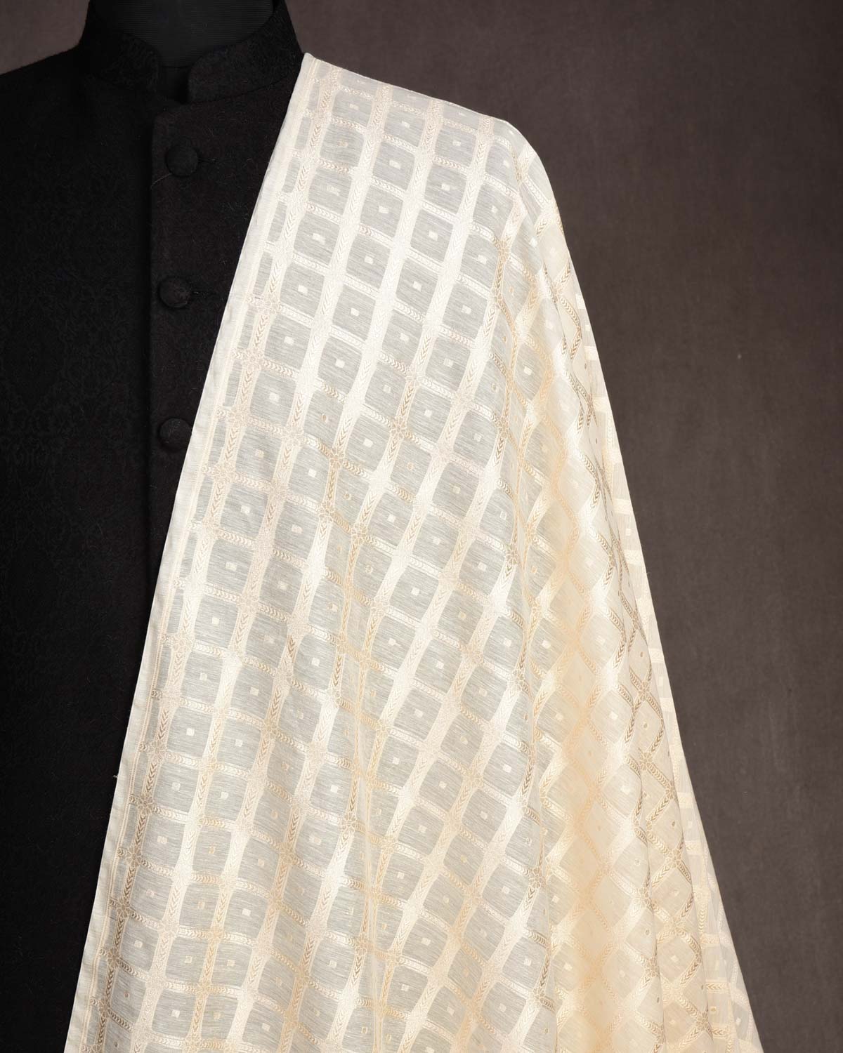 Ivory White Gold Zari Chequered Cutwork Brocade Handwoven Cotton Silk Banarasi Fabric-HolyWeaves