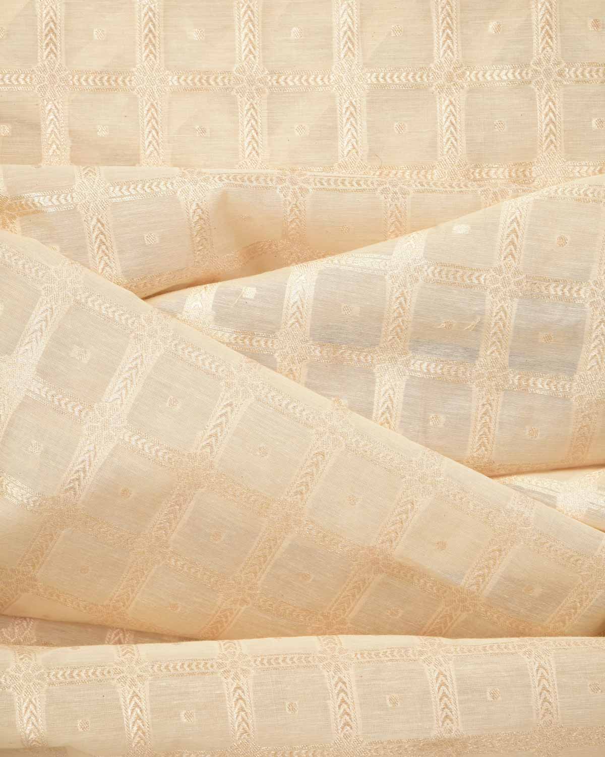 Ivory White Gold Zari Chequered Cutwork Brocade Handwoven Cotton Silk Banarasi Fabric-HolyWeaves