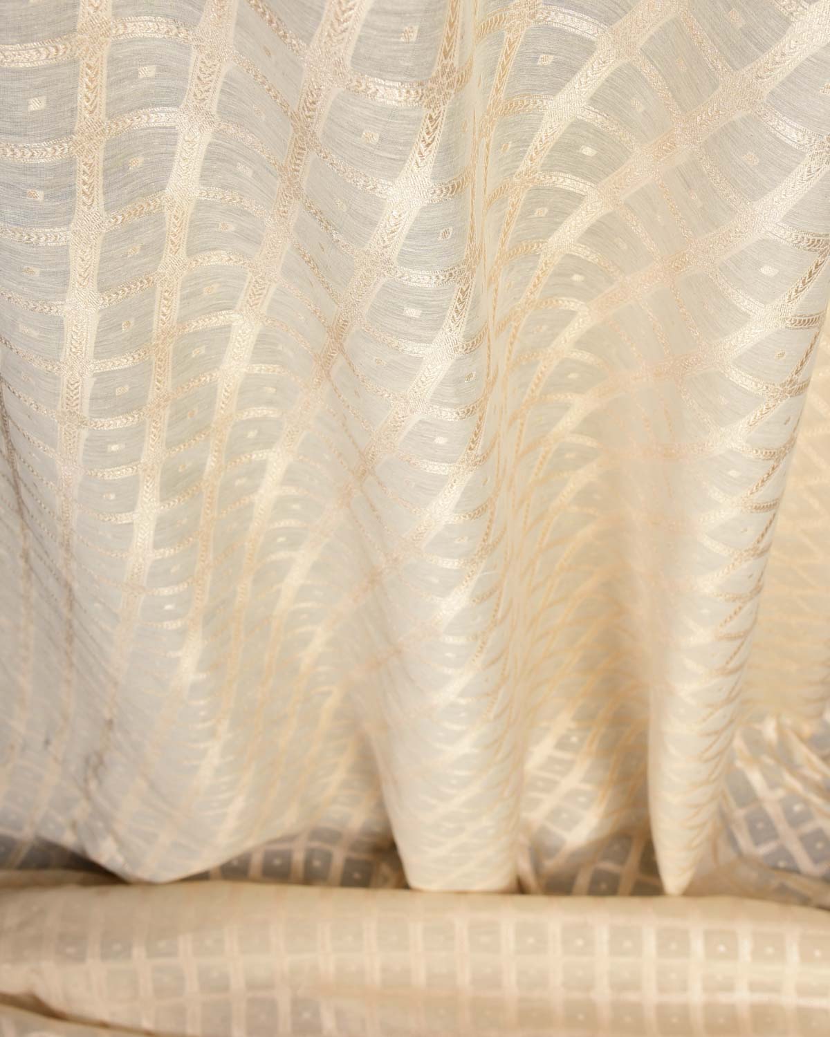 Ivory White Gold Zari Chequered Cutwork Brocade Handwoven Cotton Silk Banarasi Fabric-HolyWeaves