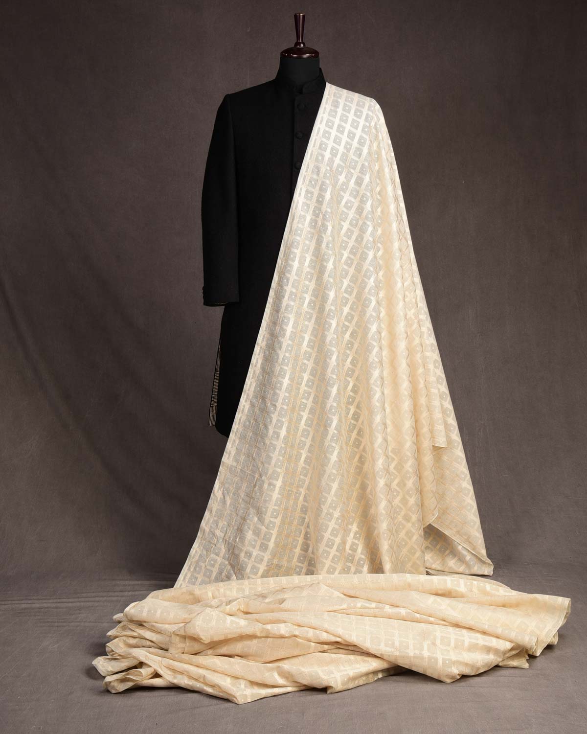 Ivory White Gold Zari Chequered Cutwork Brocade Handwoven Cotton Silk Banarasi Fabric-HolyWeaves