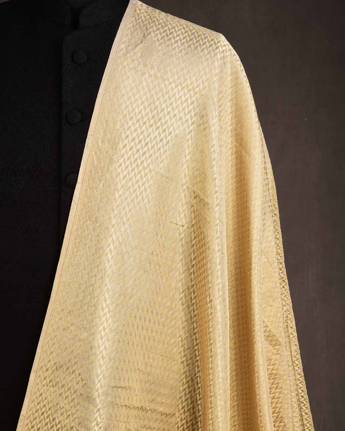 Metallic Gold Herringbone Brocade Handwoven Tissue Banarasi Fabric-HolyWeaves