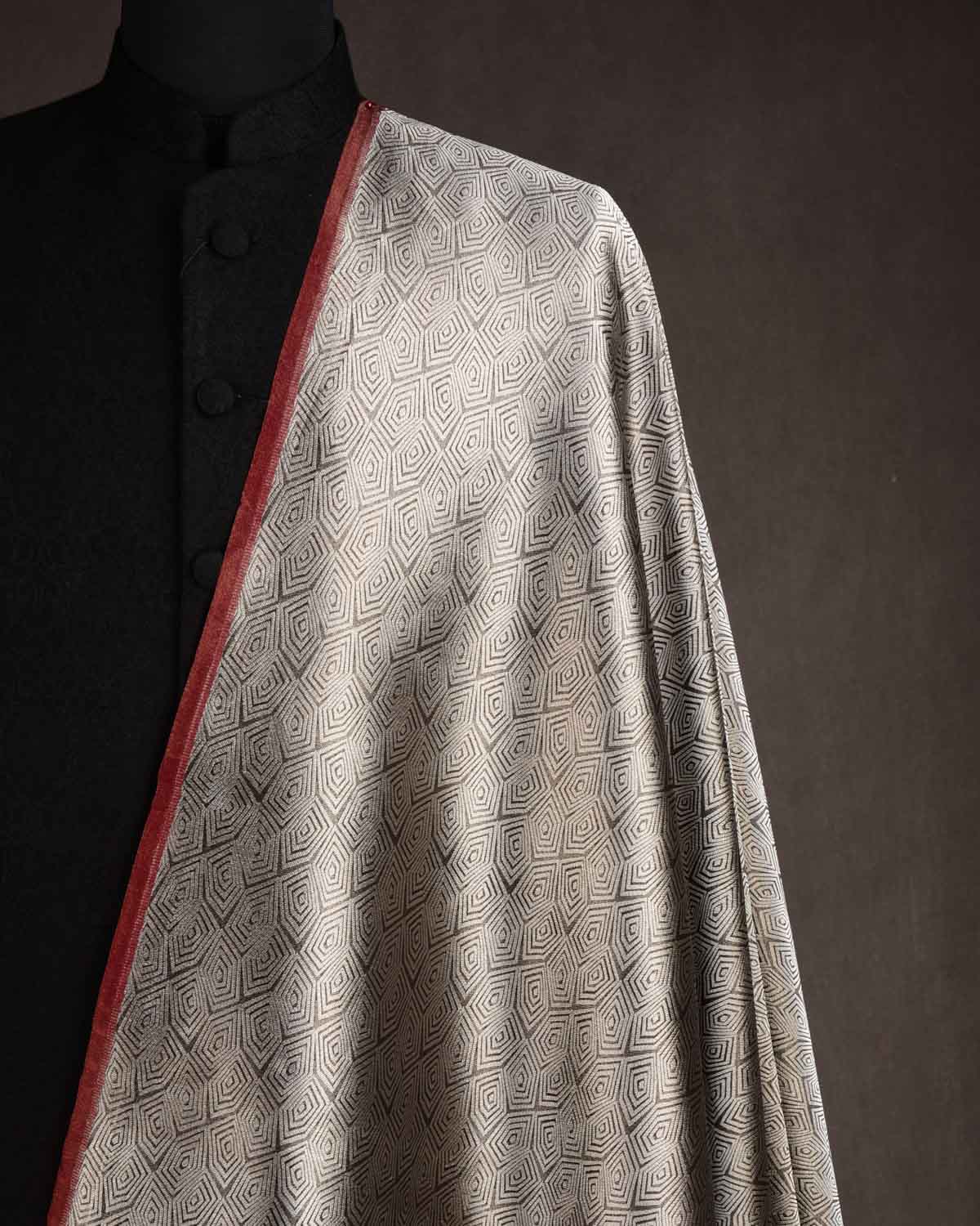 Metallic Silver Illusion Honeycomb Brocade Handwoven Katan Tissue Banarasi Fabric-HolyWeaves