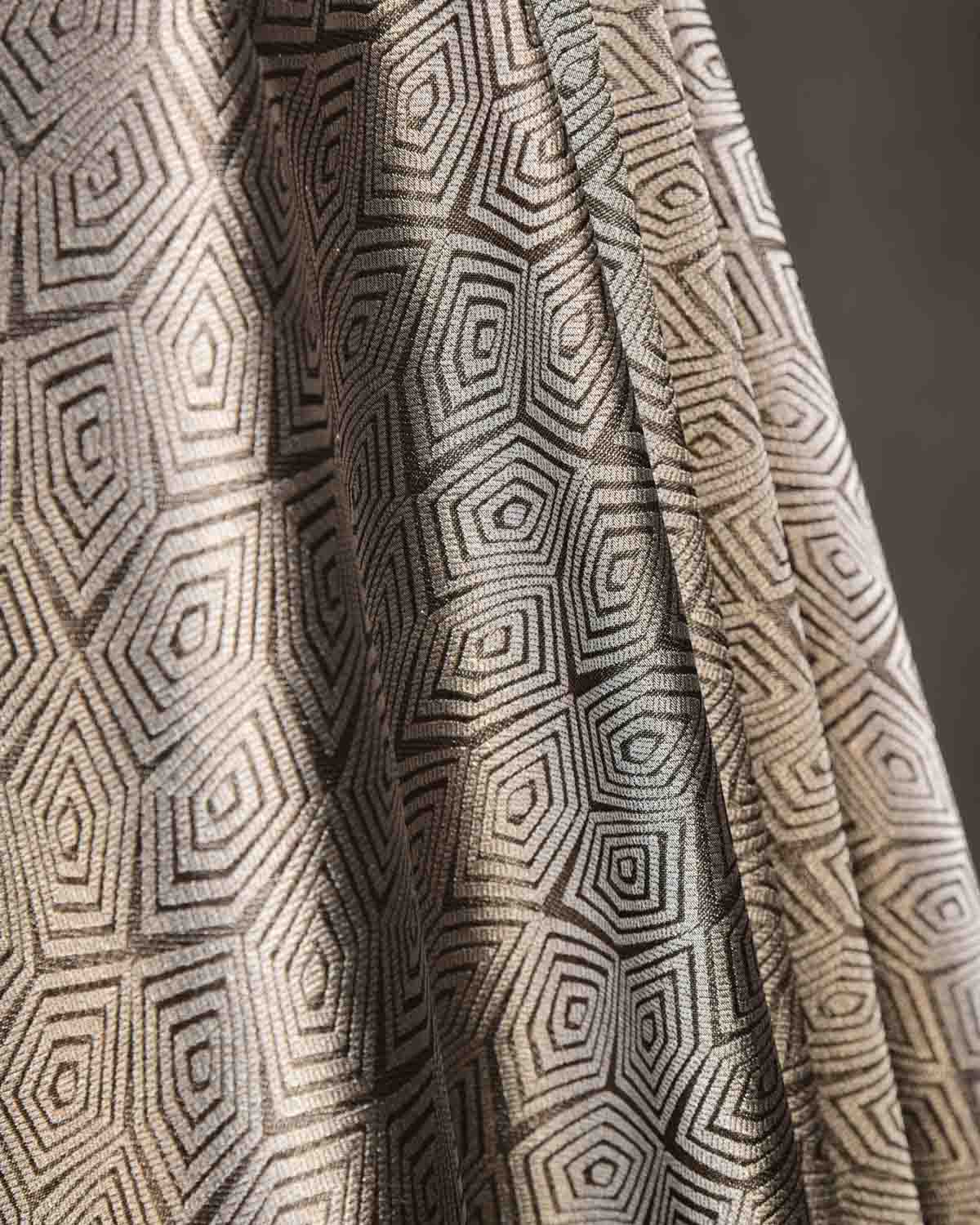 Metallic Silver Illusion Honeycomb Brocade Handwoven Katan Tissue Banarasi Fabric-HolyWeaves