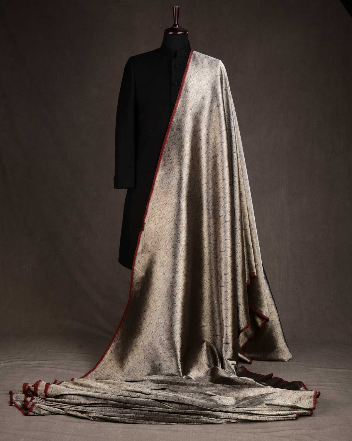 Metallic Silver Illusion Honeycomb Brocade Handwoven Katan Tissue Banarasi Fabric-HolyWeaves