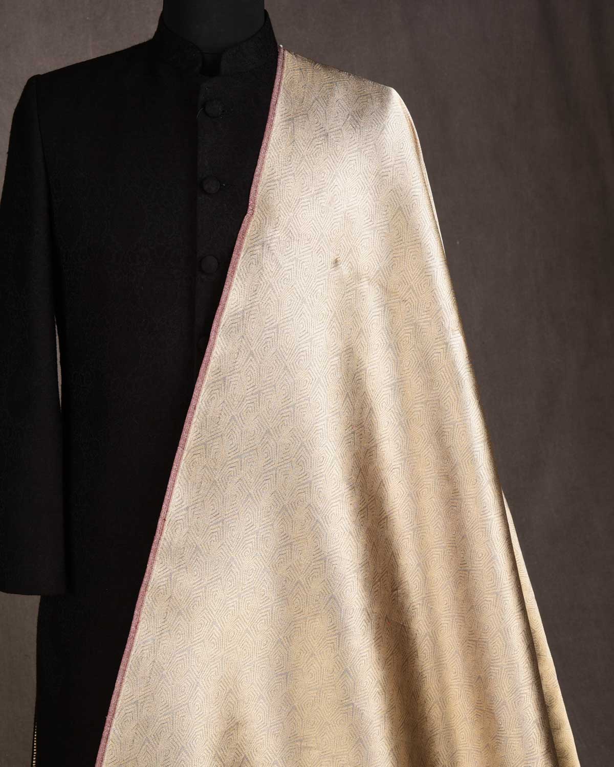 Metallic Gold & Silver Illusion Honeycomb Brocade Handwoven Katan Tissue Banarasi Fabric-HolyWeaves