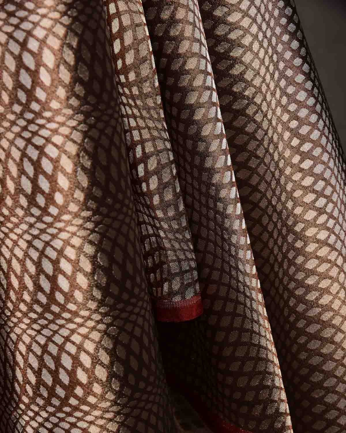 Metallic Brown Illusion Waves Brocade Handwoven Katan Tissue Banarasi Fabric-HolyWeaves