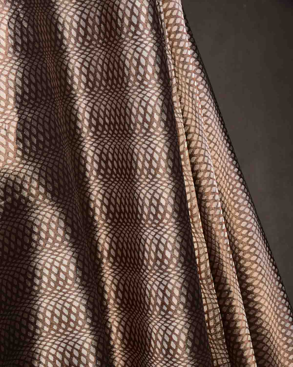 Metallic Brown Illusion Waves Brocade Handwoven Katan Tissue Banarasi Fabric-HolyWeaves